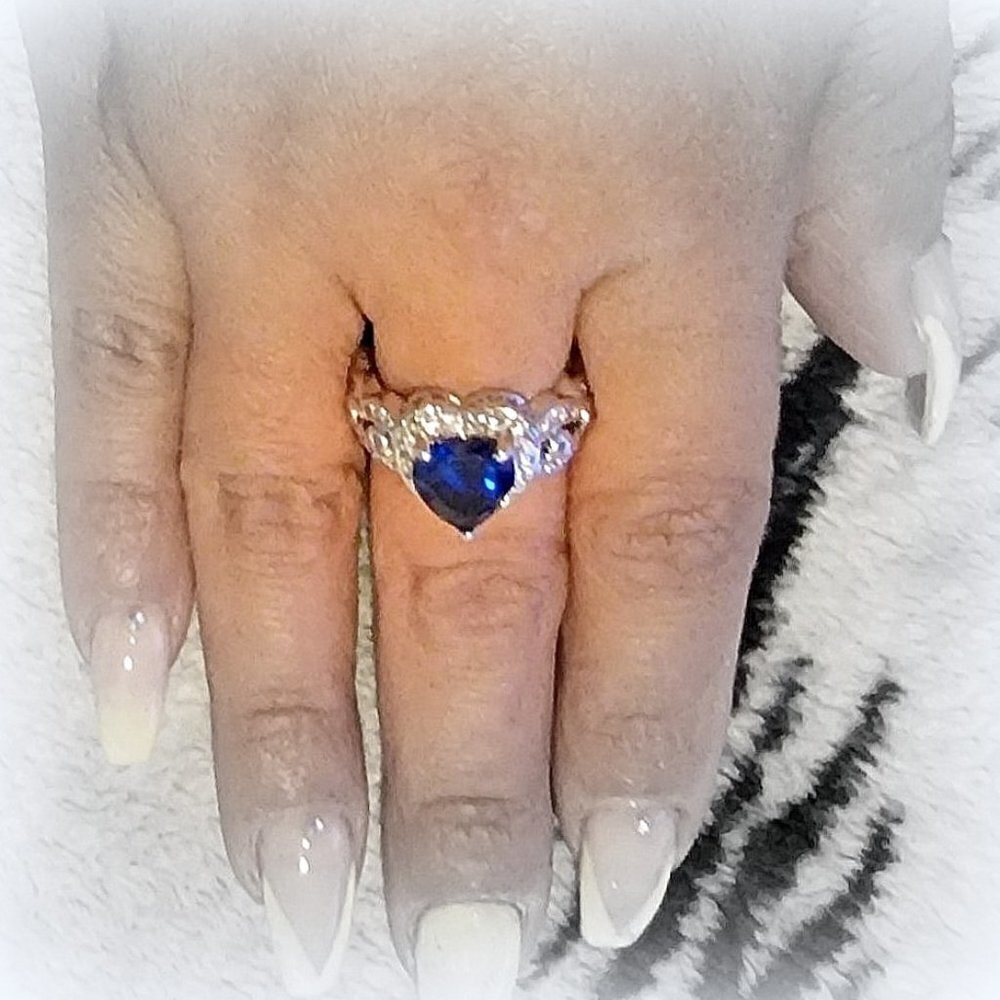 Heart for Jerusalem Deep Sapphire Blue Cz 18K White Gold Plated Cocktail Ring 5